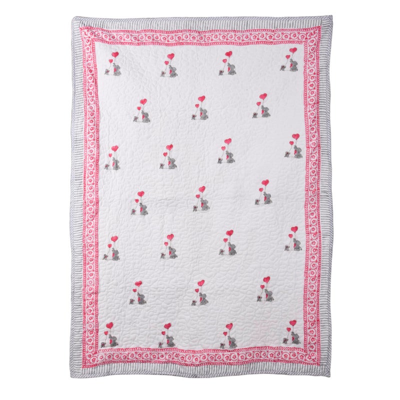 Jaipur Dohar Hand Block Printed Cotton Baby Quilt (Rajai) Quilted, 60x40 inches (100x150 cm) (Pink Grey Baby Elephant) - Image 4