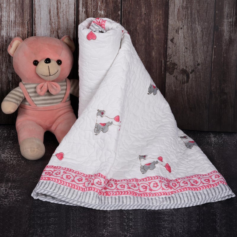 Jaipur Dohar Hand Block Printed Cotton Baby Quilt (Rajai) Quilted, 60x40 inches (100x150 cm) (Pink Grey Baby Elephant) - Image 1