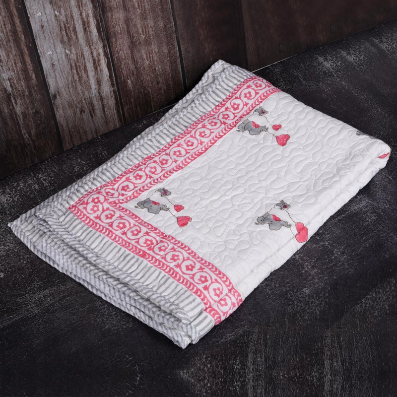 Jaipur Dohar Hand Block Printed Cotton Baby Quilt (Rajai) Quilted, 60x40 inches (100x150 cm) (Pink Grey Baby Elephant) - Image 2