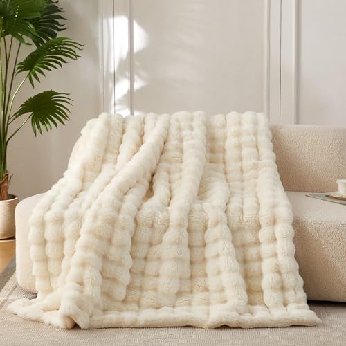 COOVA Faux Fur Throw Blanket for Couch Cozy Soft and Fuzzy Plush Rabbit Fur Bubble Blanket for Sofa Bedroom Living Room 50x60 Inches Ivory White