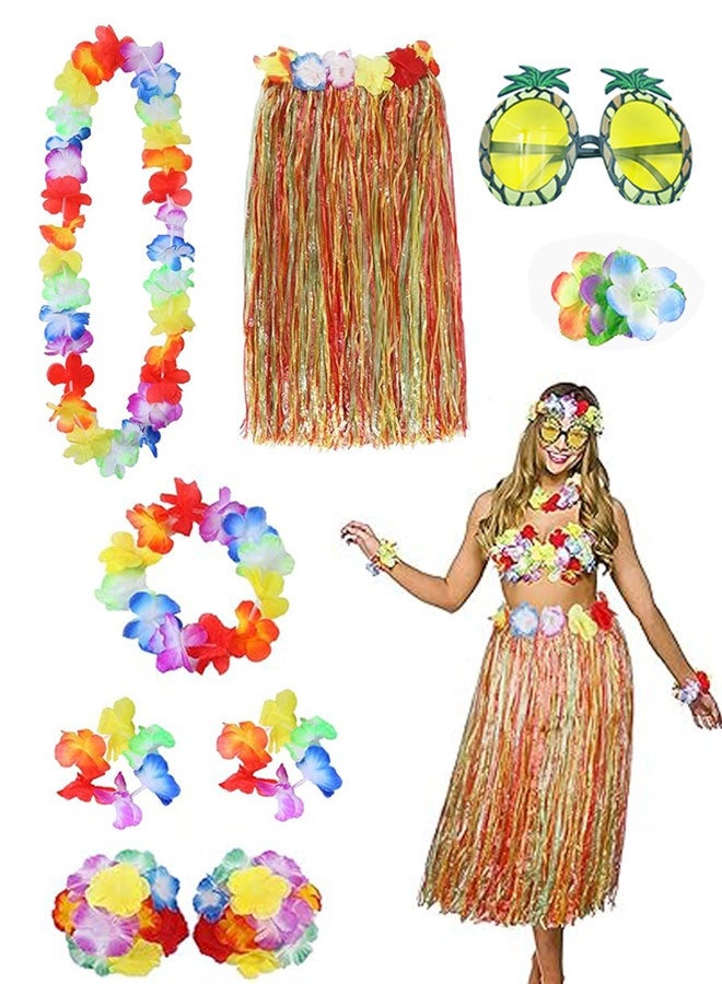 HAWAWA 8 Pcs Hawaiian Hula Grass Skirt Costume Kit with Flower Bikini Top, Hawaiian Lei for Women Luau Party Decors Dancing Hula  - Image 1