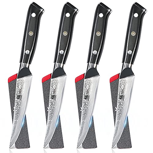 KYOKU Damascus NonSerrated Steak Knives Set of 4  Shogun Series  Japanese VG10 Steel  with Sheath  Case