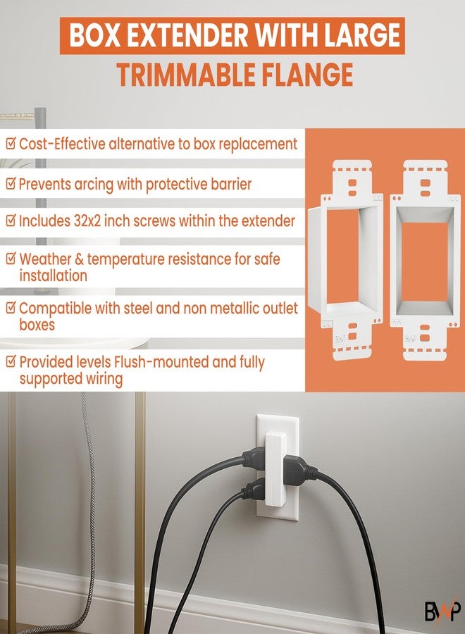 BWP - Electrical Power Outlet Box Extender Kit - Single Gang Box Extender - Single Receptacle Heavy Duty Plastic (2 Pack, White) - Image 5