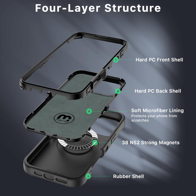 M MYBAT PRO حافظة M MYBAT PRO سلسلة مافريك لجهاز iPhone 16 Pro Max مع مشبك حزام، [متوافقة مع Magsafe] مع واقي شاشة، مضادة للسقوط، مقاومة للصدمات، مع قاعدة قابلة للدوران 360°، حماية ثقيلة، باللون الأسود - Image 4