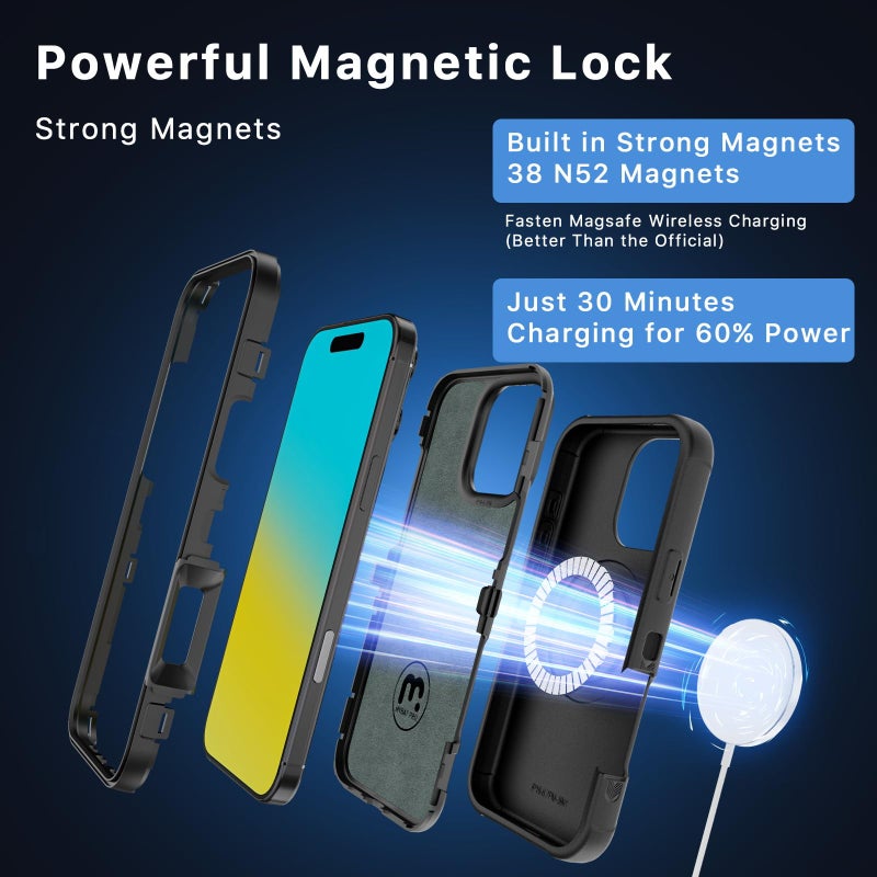 M MYBAT PRO حافظة M MYBAT PRO سلسلة مافريك لجهاز iPhone 16 Pro Max مع مشبك حزام، [متوافقة مع Magsafe] مع واقي شاشة، مضادة للسقوط، مقاومة للصدمات، مع قاعدة قابلة للدوران 360°، حماية ثقيلة، باللون الأسود - Image 3