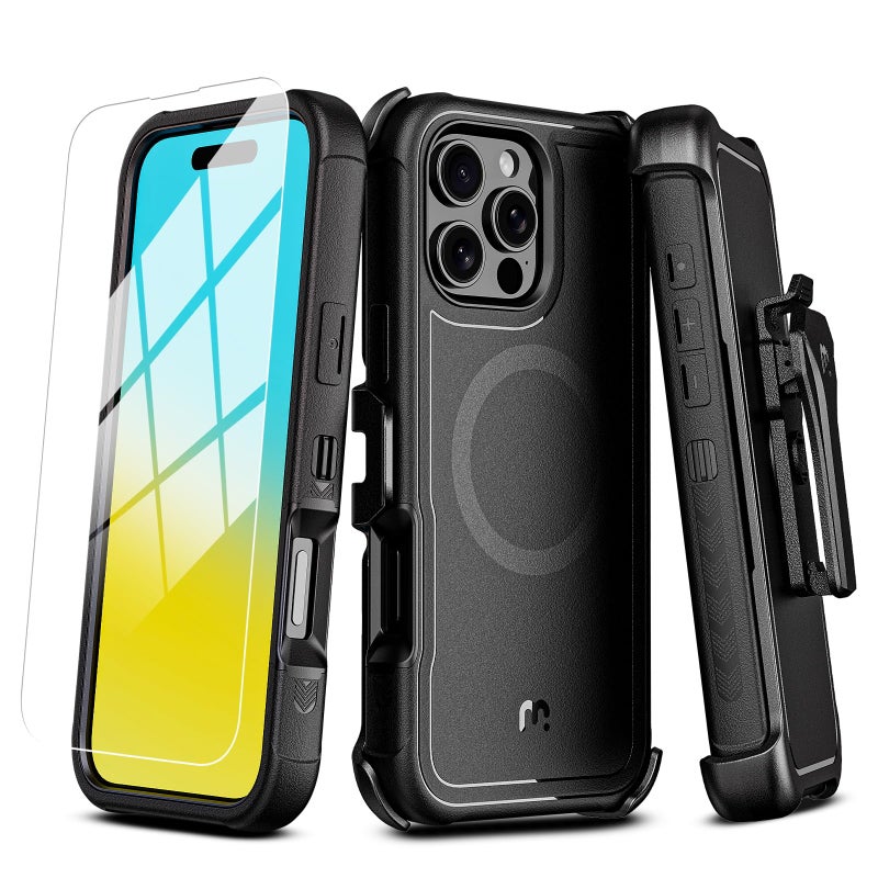 M MYBAT PRO حافظة M MYBAT PRO سلسلة مافريك لجهاز iPhone 16 Pro Max مع مشبك حزام، [متوافقة مع Magsafe] مع واقي شاشة، مضادة للسقوط، مقاومة للصدمات، مع قاعدة قابلة للدوران 360°، حماية ثقيلة، باللون الأسود - Image 1