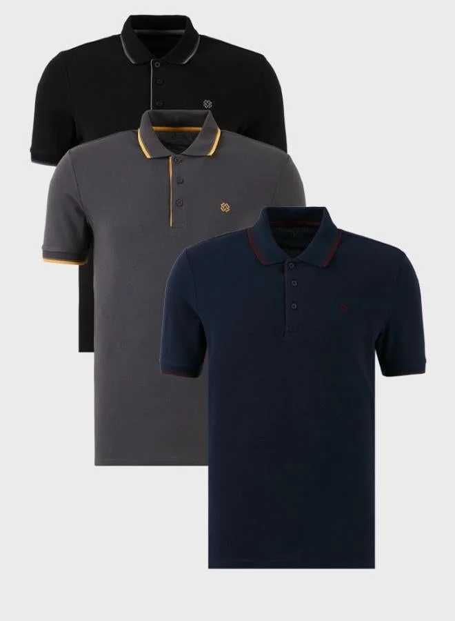 بوراتي تيشيرت رجالي قطن بولو بياقة وأزرار بتفاصيل خطوط بقصة ضيقة عبوة من  قطع