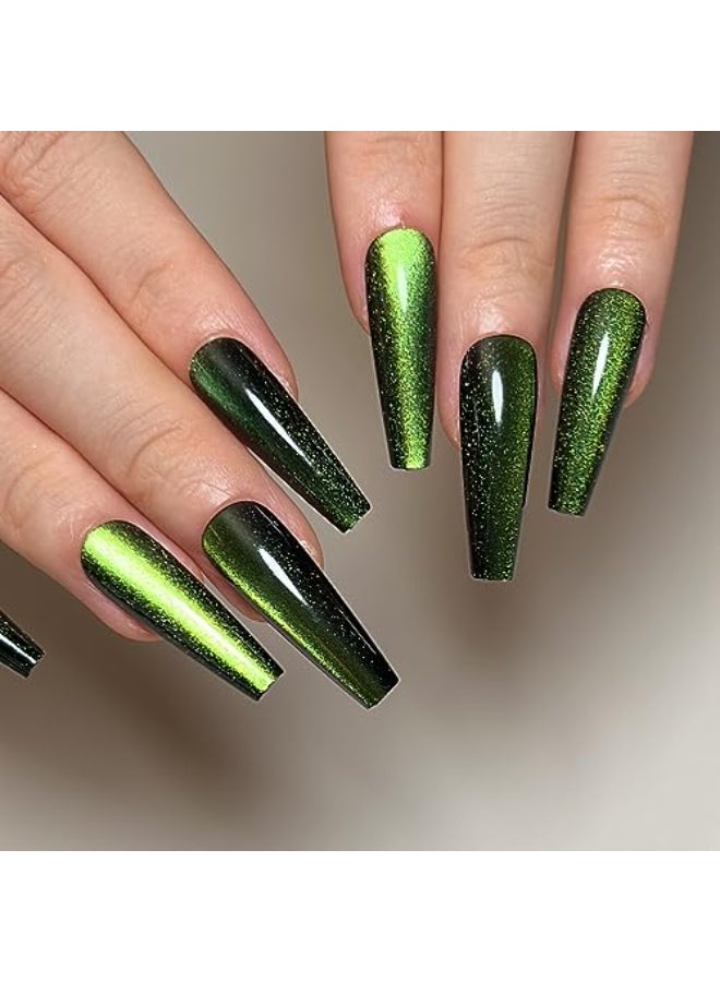 KKUUOO Green Press on Nails Long Coffin False Nails Gradient with Glitter Designs Glossy Acrylic Nails Full Cover Reusable Stick on Nails Jelly Press on Nails for Women and Girls 24Pcs - Image 1