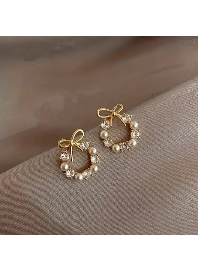 Goolsky Elegant Faux Pearl Bow Stud Earrings – Chic & Comfortable, Perfect for Parties & Casual Attire, Faux Pearl Bow Design, Hypoallergenic - Image 1