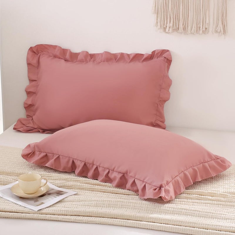 Merryword Pink Mocha Pillowcases King Pillowcases Ruffled Pillow Shams Set of 2 Cute Pillowcases Solid Ruffled Fringe Design Pink Shabby Chic Pillowcases 2 Pack (King (20''x36''), Pink Mocha) - Image 1