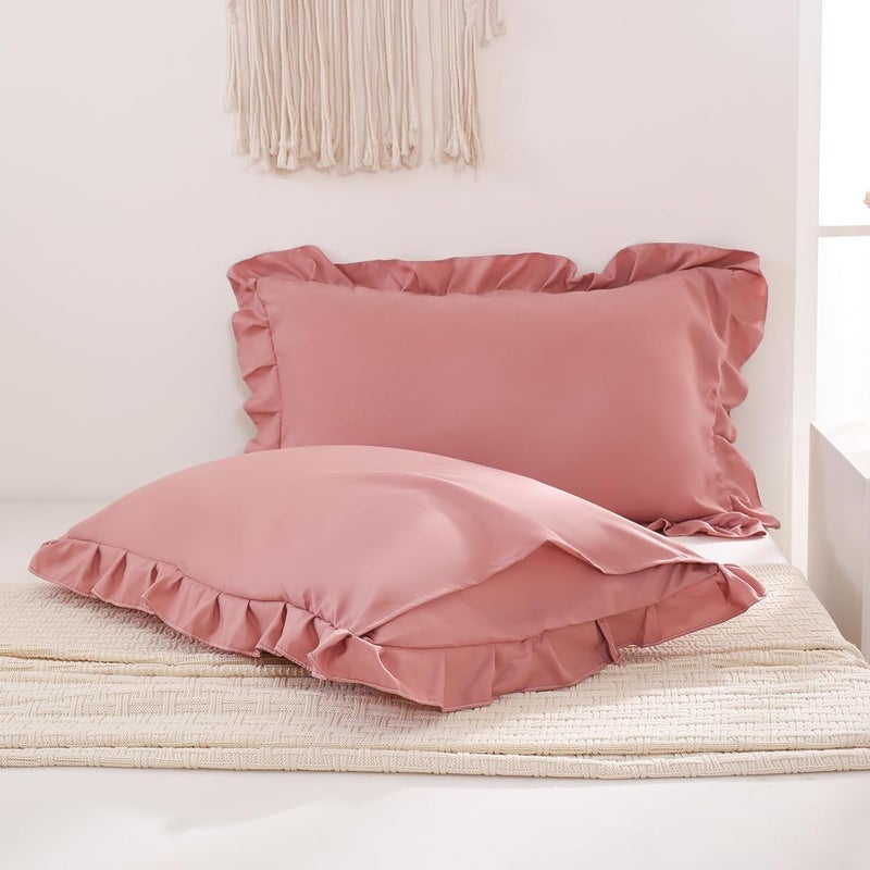 Merryword Pink Mocha Pillowcases King Pillowcases Ruffled Pillow Shams Set of 2 Cute Pillowcases Solid Ruffled Fringe Design Pink Shabby Chic Pillowcases 2 Pack (King (20''x36''), Pink Mocha) - Image 4