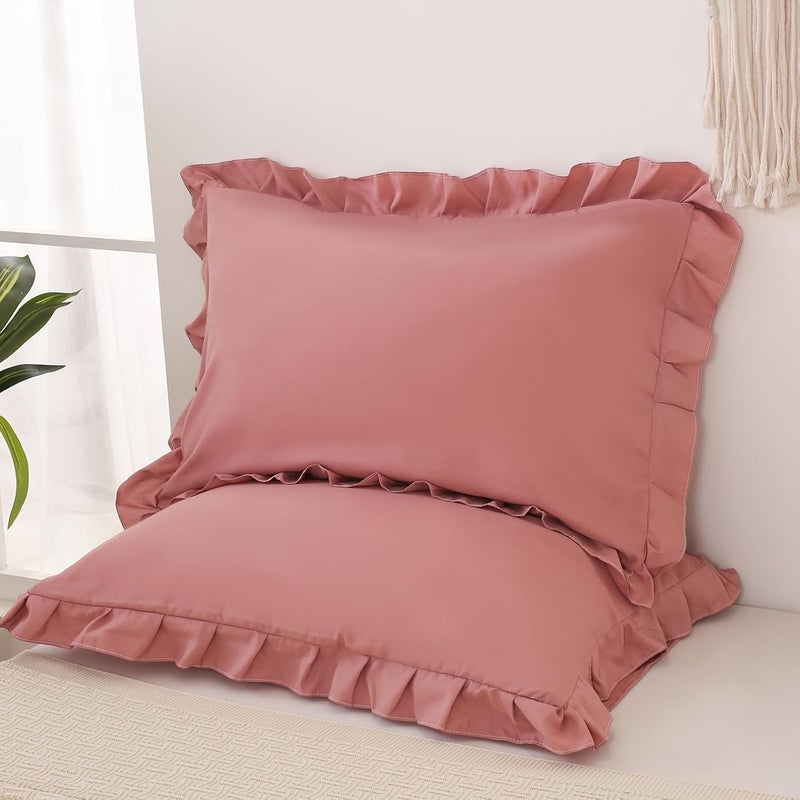 Merryword Pink Mocha Pillowcases King Pillowcases Ruffled Pillow Shams Set of 2 Cute Pillowcases Solid Ruffled Fringe Design Pink Shabby Chic Pillowcases 2 Pack (King (20''x36''), Pink Mocha) - Image 5