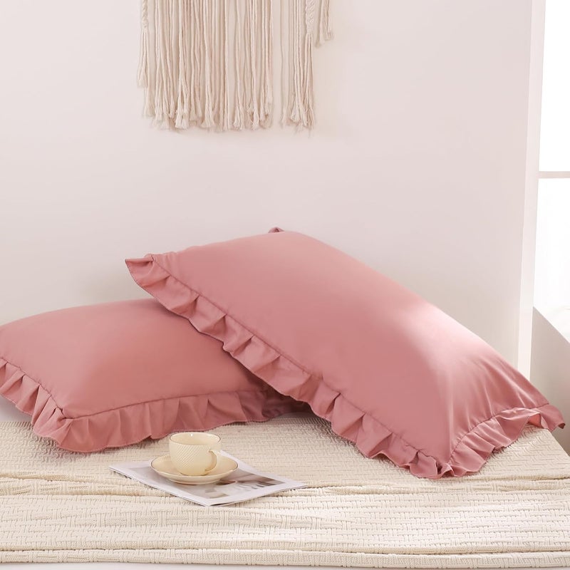 Merryword Pink Mocha Pillowcases King Pillowcases Ruffled Pillow Shams Set of 2 Cute Pillowcases Solid Ruffled Fringe Design Pink Shabby Chic Pillowcases 2 Pack (King (20''x36''), Pink Mocha) - Image 3