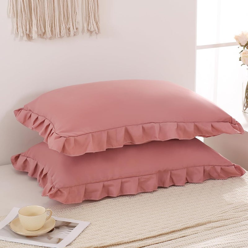 Merryword Pink Mocha Pillowcases King Pillowcases Ruffled Pillow Shams Set of 2 Cute Pillowcases Solid Ruffled Fringe Design Pink Shabby Chic Pillowcases 2 Pack (King (20''x36''), Pink Mocha) - Image 2
