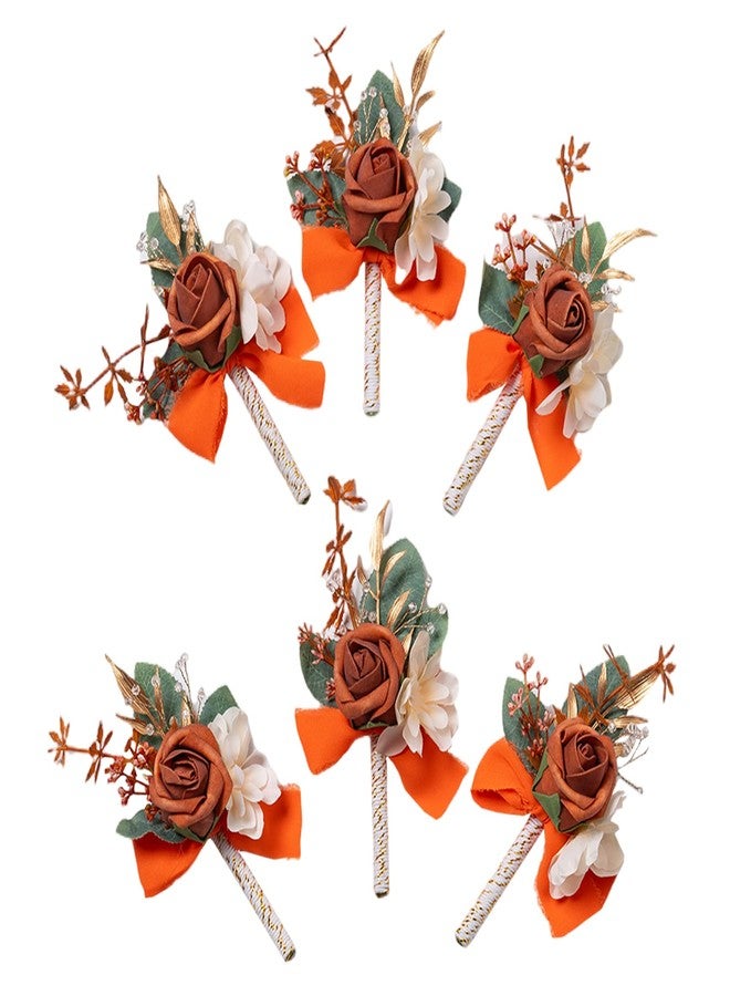 Meldel Terracotta Boutonniere for Men Wedding, Set of 6, Groom and Best Man Boutonniere, Guest Rose Boutonniere for Wedding Prom Homecoming Ceremony Anniversary Party, Burnt Orange - Image 1