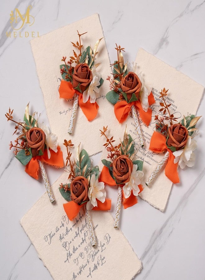 Meldel Terracotta Boutonniere for Men Wedding, Set of 6, Groom and Best Man Boutonniere, Guest Rose Boutonniere for Wedding Prom Homecoming Ceremony Anniversary Party, Burnt Orange - Image 4