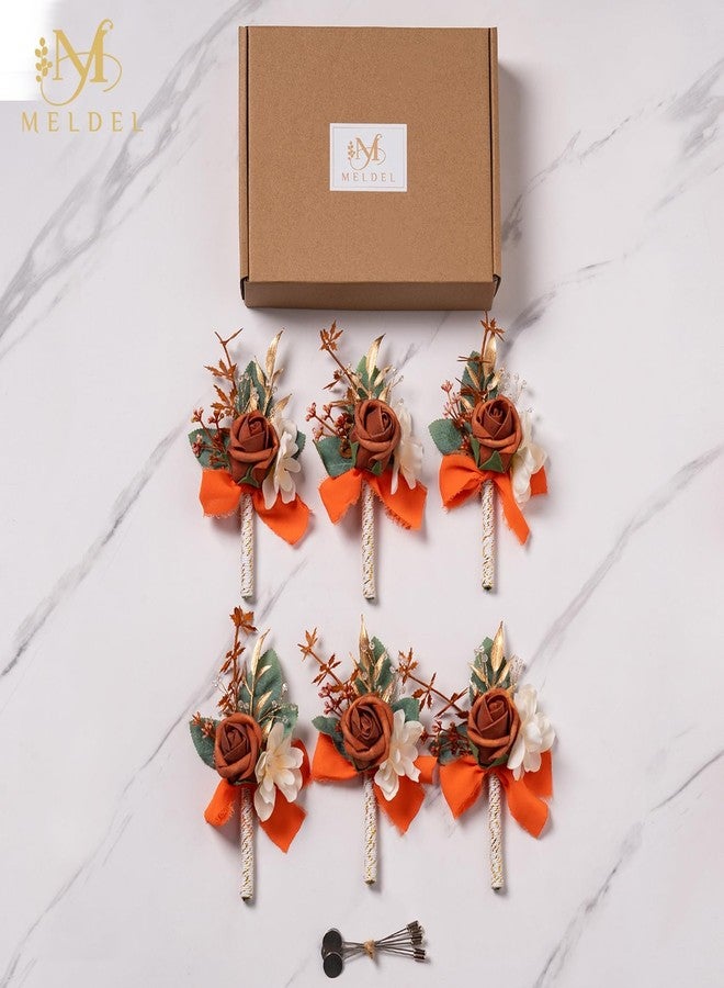 Meldel Terracotta Boutonniere for Men Wedding, Set of 6, Groom and Best Man Boutonniere, Guest Rose Boutonniere for Wedding Prom Homecoming Ceremony Anniversary Party, Burnt Orange - Image 5