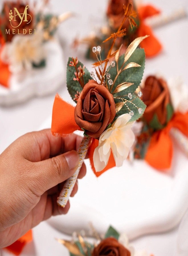Meldel Terracotta Boutonniere for Men Wedding, Set of 6, Groom and Best Man Boutonniere, Guest Rose Boutonniere for Wedding Prom Homecoming Ceremony Anniversary Party, Burnt Orange - Image 3