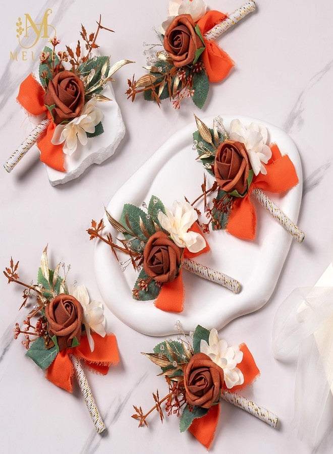 Meldel Terracotta Boutonniere for Men Wedding, Set of 6, Groom and Best Man Boutonniere, Guest Rose Boutonniere for Wedding Prom Homecoming Ceremony Anniversary Party, Burnt Orange - Image 2