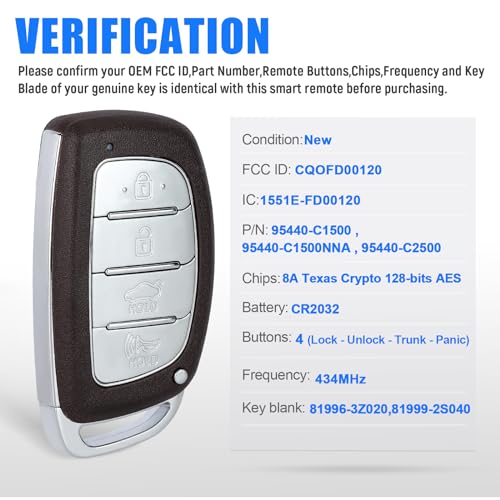 Keymall ريموت دخول بدون مفتاح بديل Keymall لهيونداي سوناتا 2018 2019 CQOFD00120 95440-C1500 95440-C1500NNA 95440-C2500 - Image 2