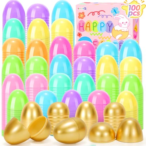 SevenQ Plastic Easter Eggs Fillable 100Pcs 24 Empty Colorful and Golden Eggs for Easter Basket Stuffers Gifts for Kids Party Favors Pinata Treasure Box Toys Classroom Goodie Bags Egg Hunt Supplies - Image 1