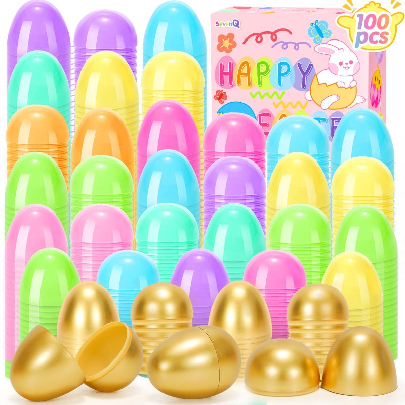 SevenQ Plastic Easter Eggs Fillable 100Pcs 24 Empty Colorful and Golden Eggs for Easter Basket Stuffers Gifts for Kids Party Favors Pinata Treasure Box Toys Classroom Goodie Bags Egg Hunt Supplies - Image 3