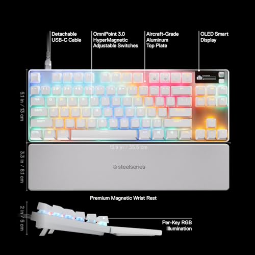 SteelSeries Apex Pro TKL Gen 3 White OmniPoint 3.0 Switches — Adjustable Actuation — Rapid Trigger — Game-Ready Presets — Protection Mode — Rapid Tap/SOCD — OLED — RGB — PBT Keycaps — USB-C - Image 3