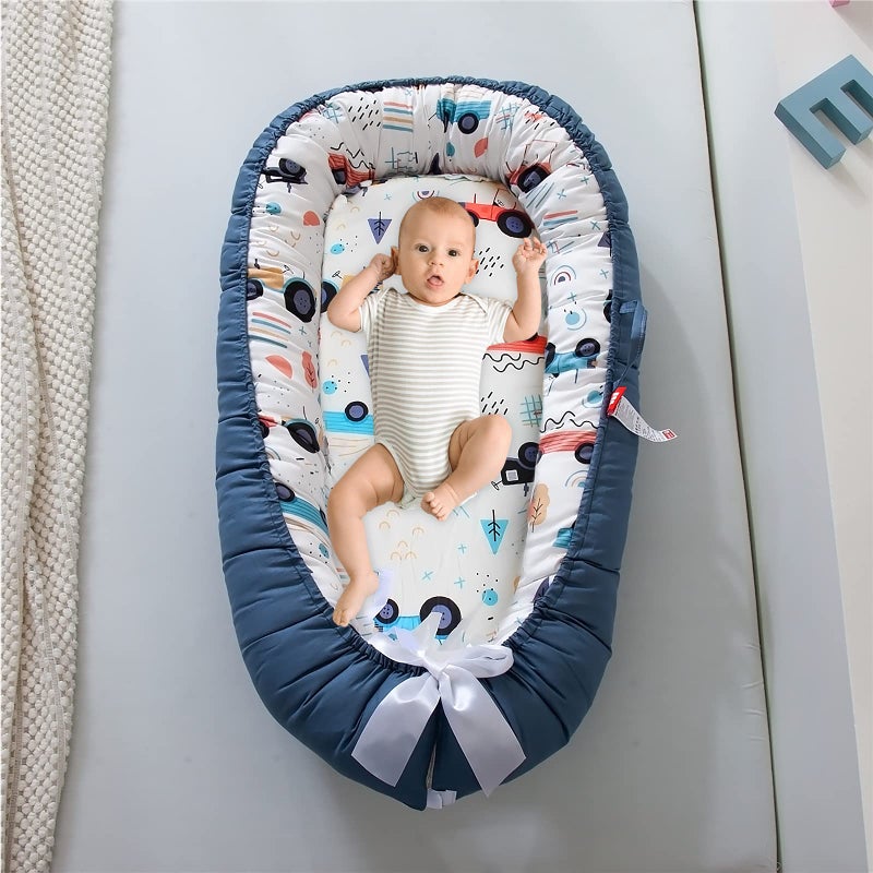 SONARIN Baby Nest for Newborn and Babies,Double Sided,Baby Bassinet for Bed/Lounger/Nest/Pod/Cot Bed/Sleep, Breathable,100% Cotton Hypoallergenic,Portable(Blue Car) - Image 2