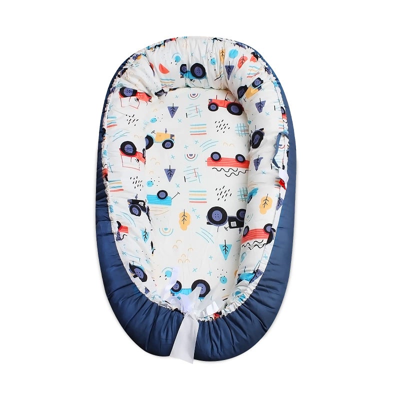 SONARIN Baby Nest for Newborn and Babies,Double Sided,Baby Bassinet for Bed/Lounger/Nest/Pod/Cot Bed/Sleep, Breathable,100% Cotton Hypoallergenic,Portable(Blue Car) - Image 1
