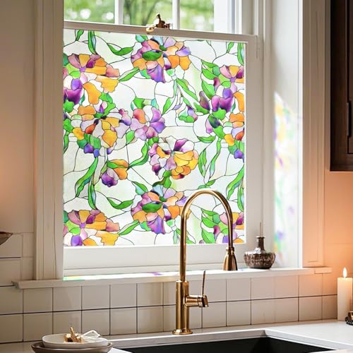 ADD.HERES 3D Stained Glass Window Film Decorative Window Privacy Film for BathroomFront DoorHome Sun Blocking Heat ControlStatic Cling Viola Tricolor 236inch x 354inch - Image 1