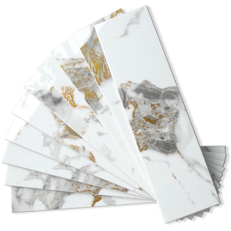 AULIGET 40-Piece Polished White Marble with Gold Peel and Stick Backsplash Wall Tiles, 3" x 12" PVC Faux Stone Stick on Tiles for Backsplash Kitchen, Bathroom, Laundry Room, Camper, Fireplace - Image 1