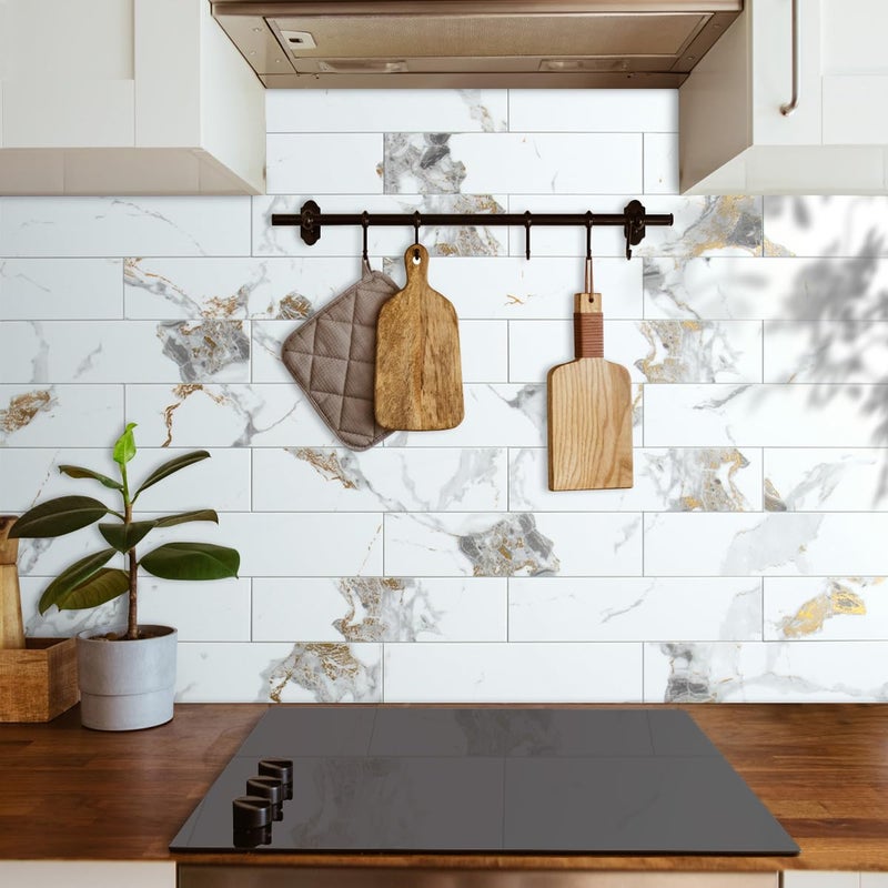 AULIGET 40-Piece Polished White Marble with Gold Peel and Stick Backsplash Wall Tiles, 3" x 12" PVC Faux Stone Stick on Tiles for Backsplash Kitchen, Bathroom, Laundry Room, Camper, Fireplace - Image 4
