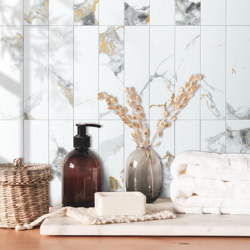 AULIGET 40-Piece Polished White Marble with Gold Peel and Stick Backsplash Wall Tiles, 3" x 12" PVC Faux Stone Stick on Tiles for Backsplash Kitchen, Bathroom, Laundry Room, Camper, Fireplace - Image 5