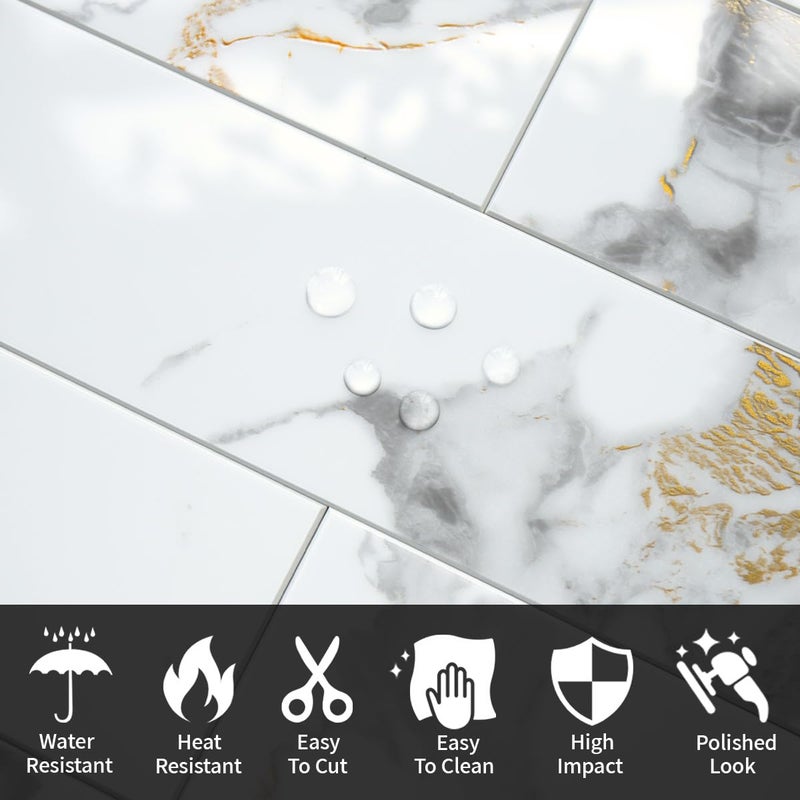 AULIGET 40-Piece Polished White Marble with Gold Peel and Stick Backsplash Wall Tiles, 3" x 12" PVC Faux Stone Stick on Tiles for Backsplash Kitchen, Bathroom, Laundry Room, Camper, Fireplace - Image 3