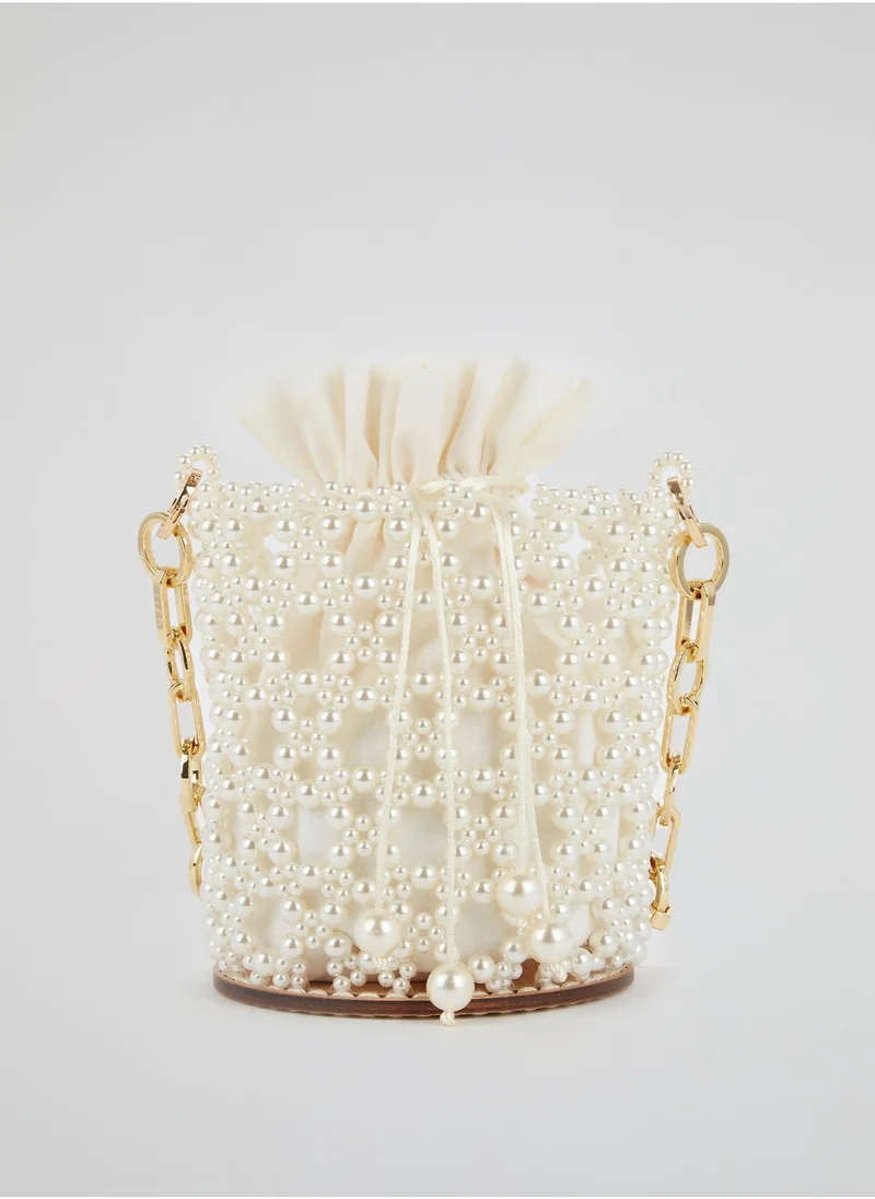 0711 Tbilisi White Pearl Embellished Chain Strap Bucket Bag