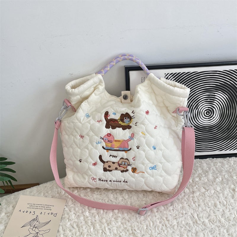 49272 Cartoon Embroidered Soft Cute Crossbody Bag Large Capacity Shoulder Handbag Quilted Cotton Commuter Handbag - Image 1