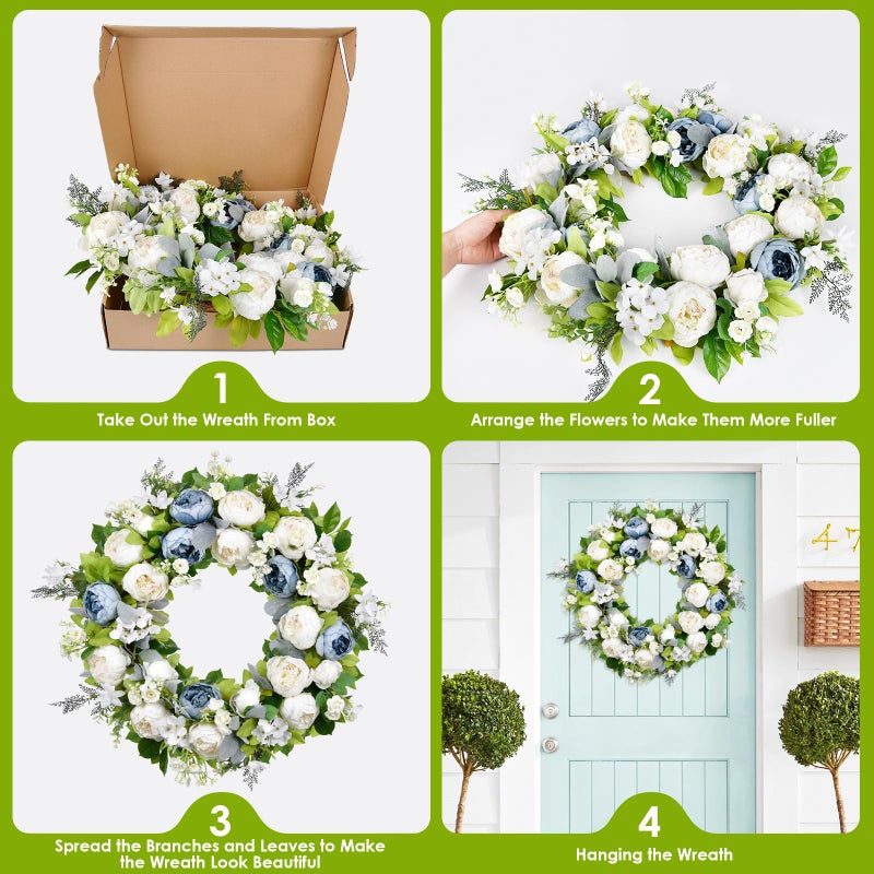 Covanm Spring Wreath for Front Door 22-24 Inch, Peony Blue White Wreath, Summer Floral Chaplet, Rose Hydrangea Full Handmade Door Wreaths for Outdoor All Season, Wall and Window Decor - Image 4