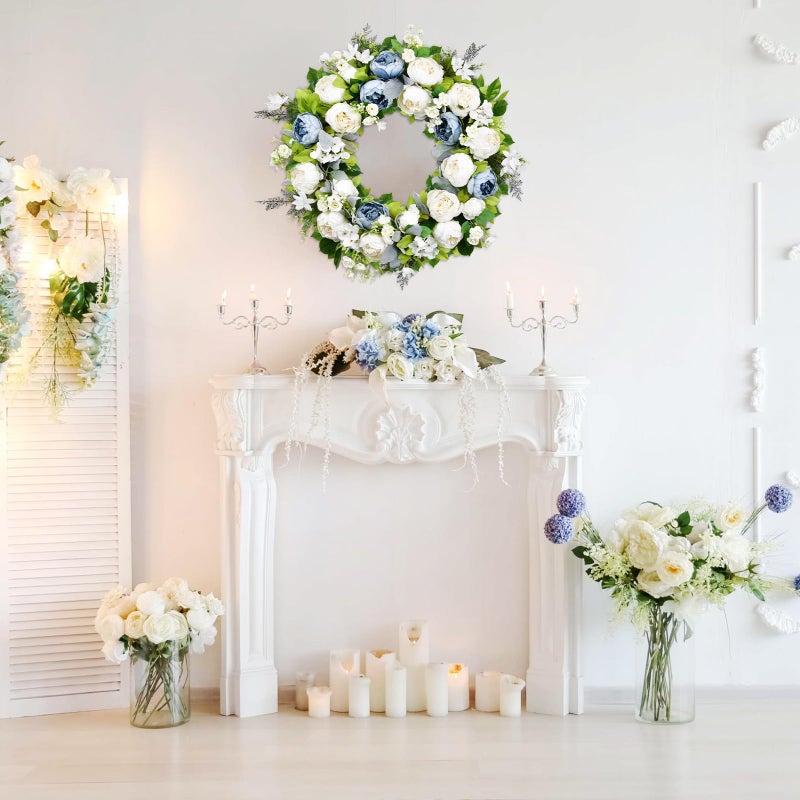 Covanm Spring Wreath for Front Door 22-24 Inch, Peony Blue White Wreath, Summer Floral Chaplet, Rose Hydrangea Full Handmade Door Wreaths for Outdoor All Season, Wall and Window Decor - Image 5