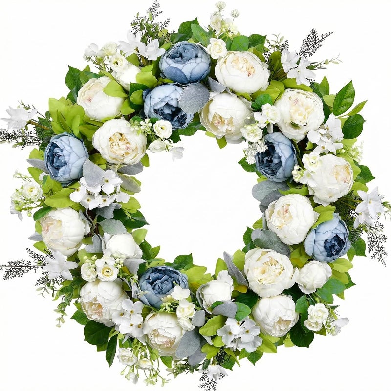 Covanm Spring Wreath for Front Door 22-24 Inch, Peony Blue White Wreath, Summer Floral Chaplet, Rose Hydrangea Full Handmade Door Wreaths for Outdoor All Season, Wall and Window Decor - Image 1