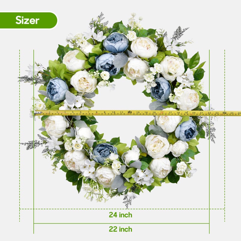 Covanm Spring Wreath for Front Door 22-24 Inch, Peony Blue White Wreath, Summer Floral Chaplet, Rose Hydrangea Full Handmade Door Wreaths for Outdoor All Season, Wall and Window Decor - Image 3