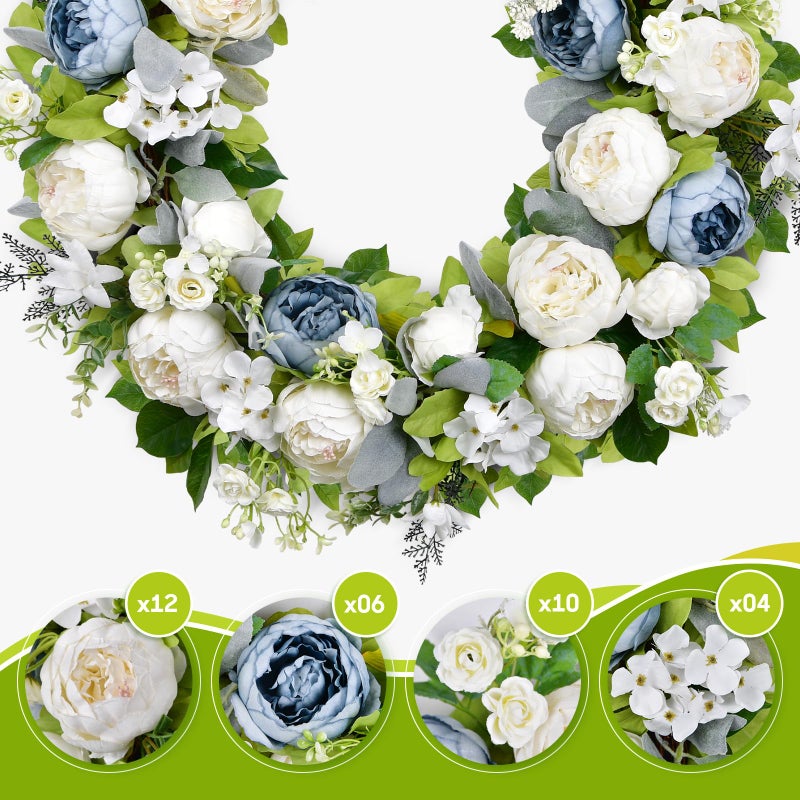 Covanm Spring Wreath for Front Door 22-24 Inch, Peony Blue White Wreath, Summer Floral Chaplet, Rose Hydrangea Full Handmade Door Wreaths for Outdoor All Season, Wall and Window Decor - Image 2