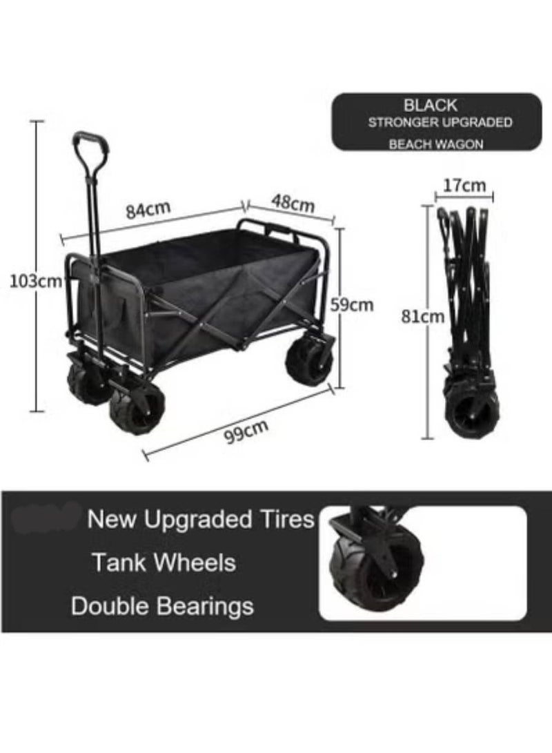 Premium Heavy Duty Shopping Trolley Folding Multi-Functional Utility Wagon Beach Trolley Storage Basket Outdoor Camping Double Layer cloth cover with Adjustable Handle Terrain 8 Inch Wide Wheels (BLACK) - Image 2
