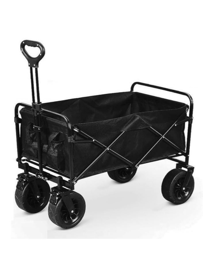 Premium Heavy Duty Shopping Trolley Folding Multi-Functional Utility Wagon Beach Trolley Storage Basket Outdoor Camping Double Layer cloth cover with Adjustable Handle Terrain 8 Inch Wide Wheels (BLACK) - Image 1