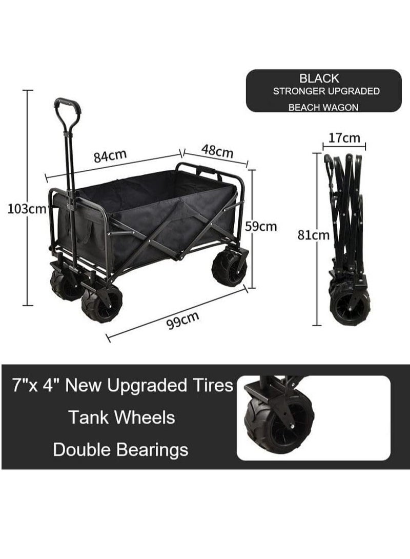 Premium Heavy Duty Shopping Trolley Folding Multi-Functional Utility Wagon Beach Trolley Storage Basket Outdoor Camping Double Layer cloth cover with Adjustable Handle Terrain 8 Inch Wide Wheels (BLACK) - Image 2
