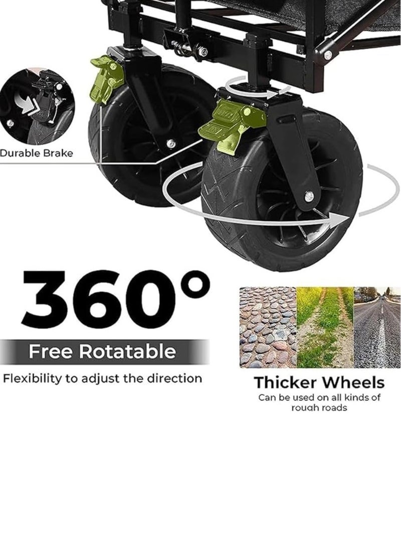 Premium Heavy Duty Shopping Trolley Folding Multi-Functional Utility Wagon Beach Trolley Storage Basket Outdoor Camping Double Layer cloth cover with Adjustable Handle Terrain 8 Inch Wide Wheels (BLACK) - Image 4