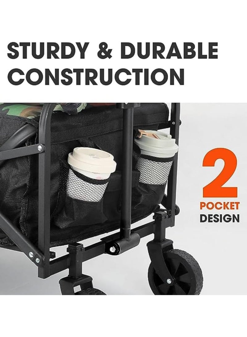 Premium Heavy Duty Shopping Trolley Folding Multi-Functional Utility Wagon Beach Trolley Storage Basket Outdoor Camping Double Layer cloth cover with Adjustable Handle Terrain 8 Inch Wide Wheels (BLACK) - Image 5