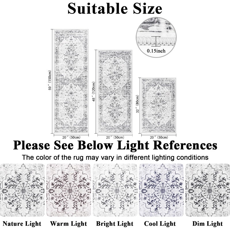 Ileading Boho Kitchen Rugs Sets 3 Piece with Runner Floral Kitchen Floor Mat Carpet Farmhouse Kitchen Rugs and Mats Non Skid Washable Runner Rug for Kitchen Floor Office Sink Laundry  Light Grey - Image 2