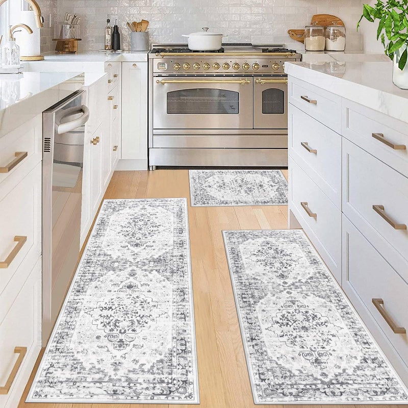 Ileading Boho Kitchen Rugs Sets 3 Piece with Runner Floral Kitchen Floor Mat Carpet Farmhouse Kitchen Rugs and Mats Non Skid Washable Runner Rug for Kitchen Floor Office Sink Laundry  Light Grey - Image 1