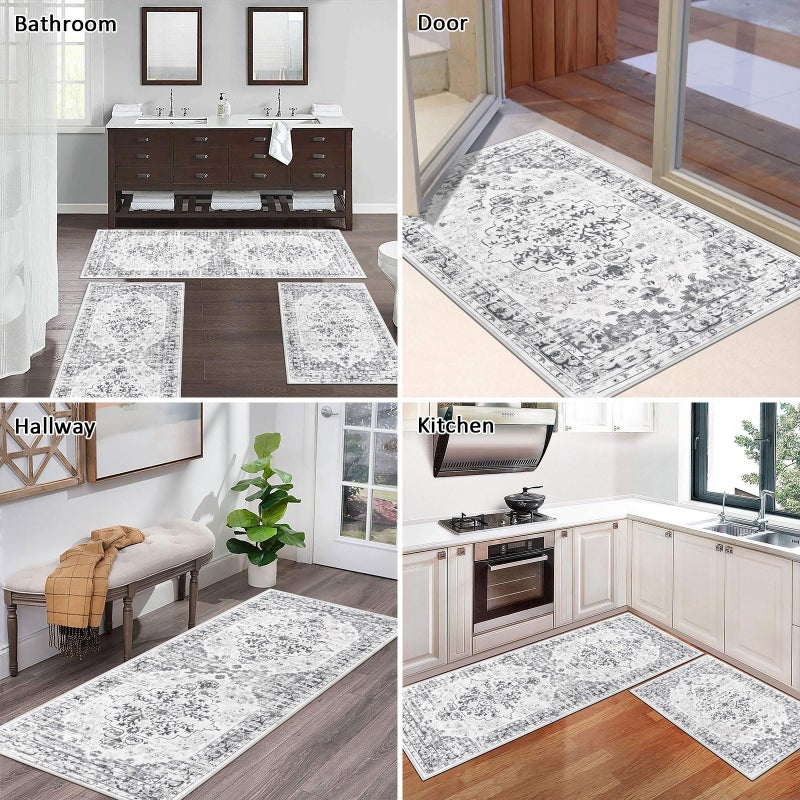 Ileading Boho Kitchen Rugs Sets 3 Piece with Runner Floral Kitchen Floor Mat Carpet Farmhouse Kitchen Rugs and Mats Non Skid Washable Runner Rug for Kitchen Floor Office Sink Laundry  Light Grey - Image 3