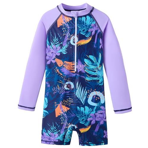UMELOK Girls Rash Guard Swimsuits Long Sleeve One Piece Swimwear with UPF 50 Sun Protection Zipper Bathing Suits Black Purple Green Plants6Y - Image 1